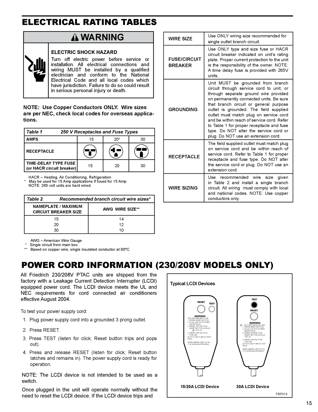 Friedrich PTAC - R410A Electrical Rating Tables, Power Cord Information 230/208V Models only, Electric Shock Hazard 