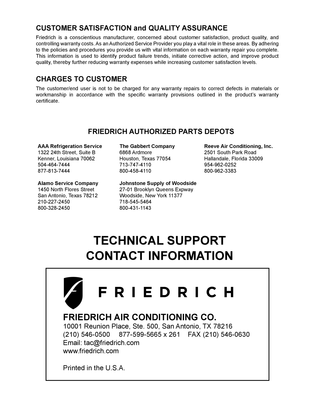 Friedrich PTAC - R410A service manual Technical Support Contact Information 