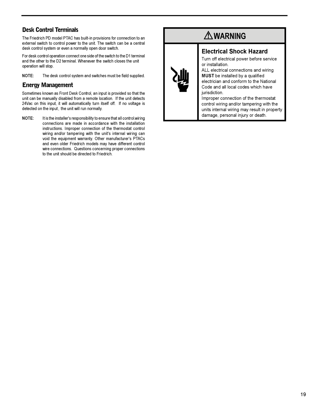 Friedrich PTAC - R410A service manual Desk Control Terminals 