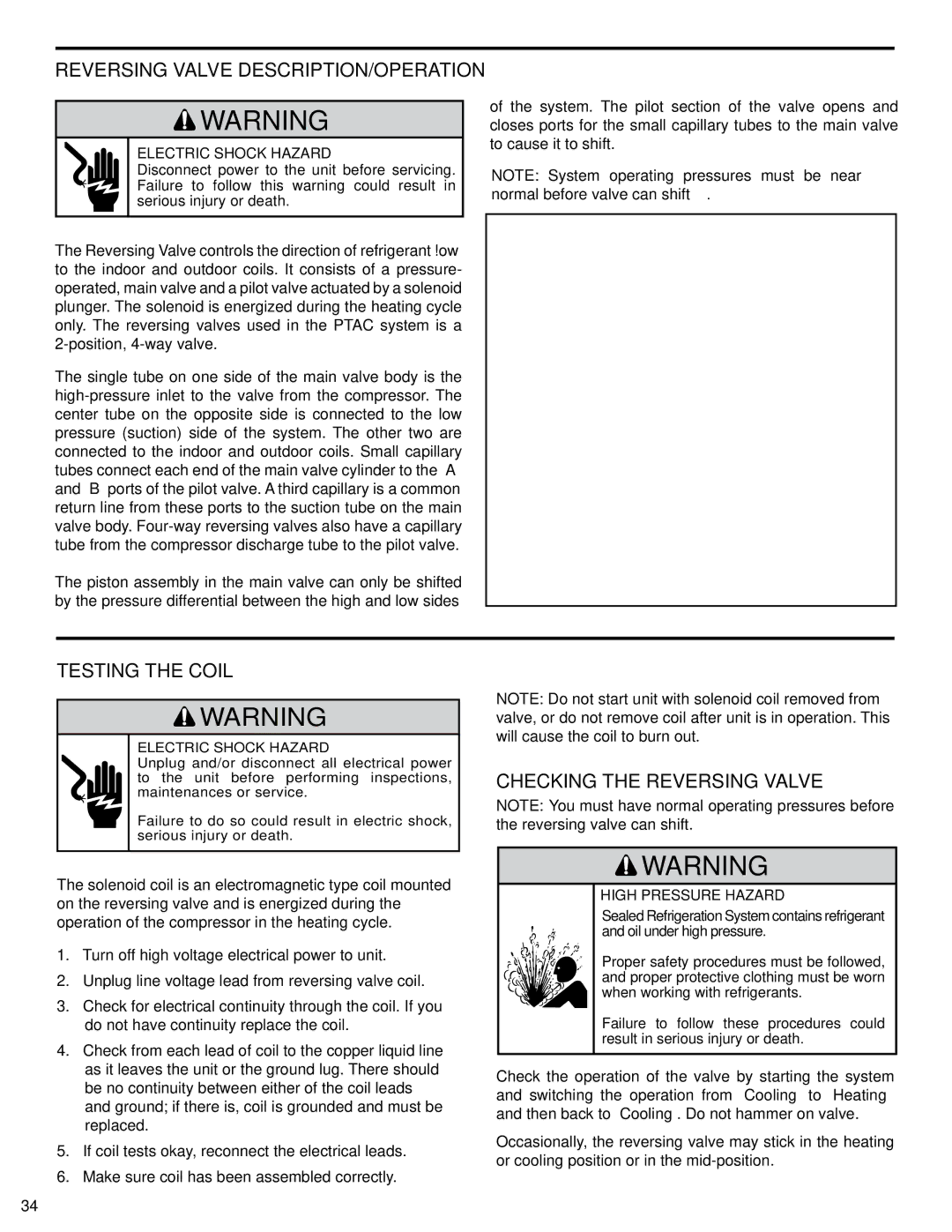 Friedrich PTAC - R410A service manual Reversing Valve DESCRIPTION/OPERATION, Testing the Coil, Checking the Reversing Valve 