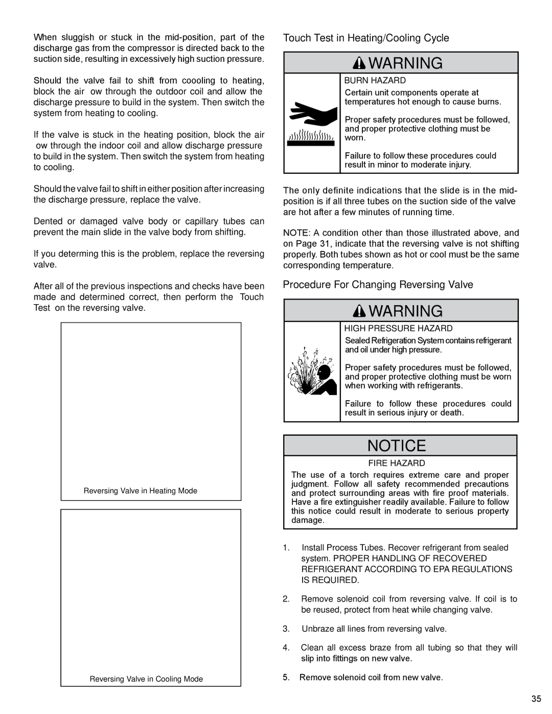 Friedrich PTAC - R410A Touch Test in Heating/Cooling Cycle, Procedure For Changing Reversing Valve, Fire Hazard 