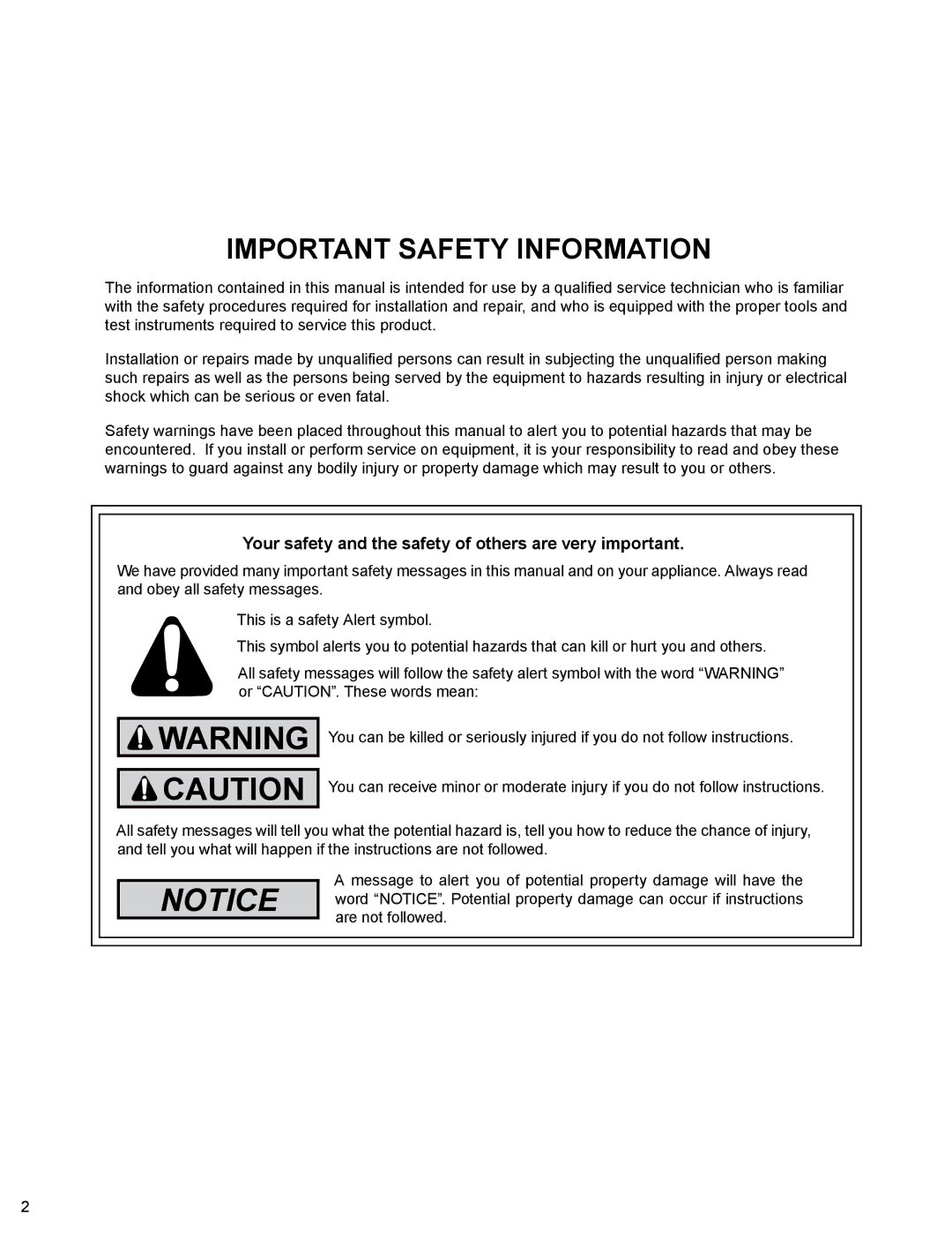 Friedrich PTAC - R410A service manual Important Safety Information, Your safety and the safety of others are very important 