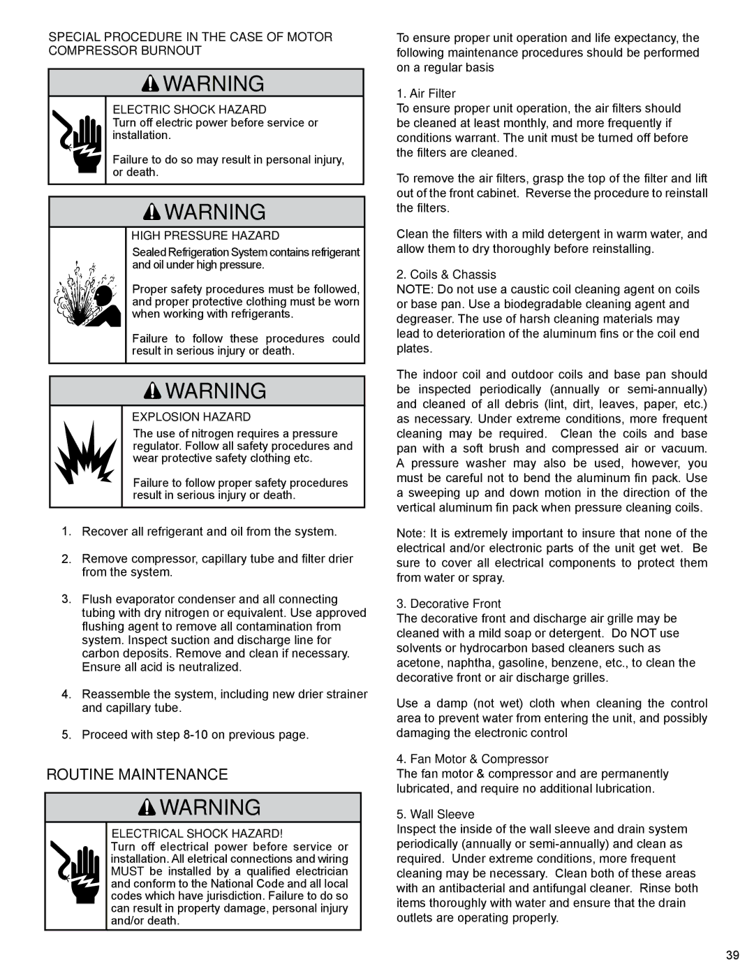 Friedrich PTAC - R410A service manual Routine Maintenance, Electrical Shock Hazard 