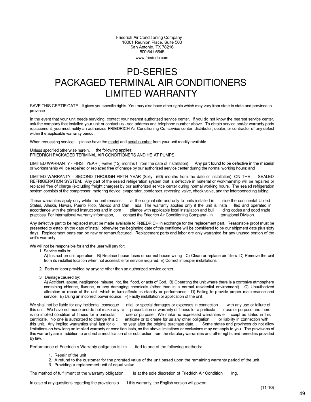 Friedrich PTAC - R410A service manual Friedrich Packaged Terminal AIR Conditioners and Heat Pumps 