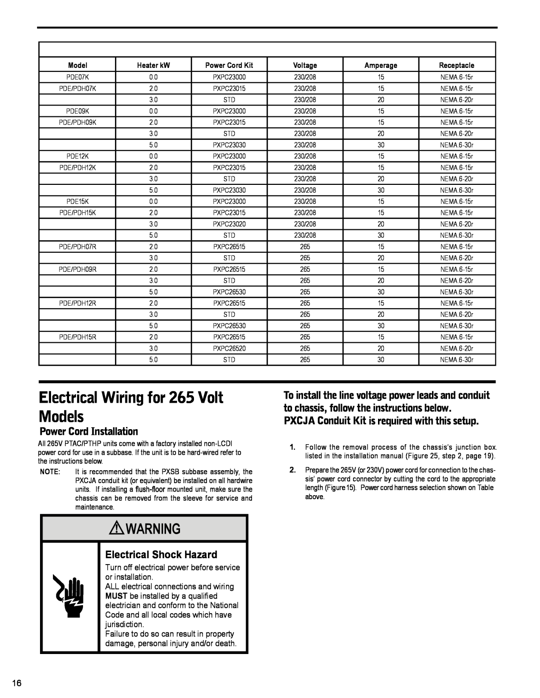 Friedrich PTAC - R410A service manual Electrical Wiring for 265 Volt Models, Power Cord Installation 