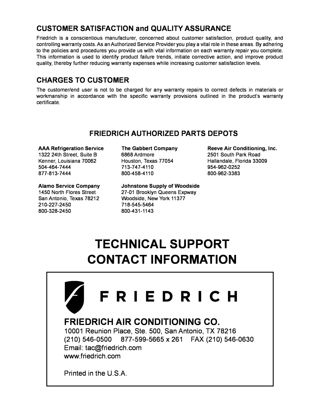 Friedrich PTAC - R410A Friedrich Air Conditioning Co, CUSTOMER SATISFACTION and QUALITY ASSURANCE, Charges To Customer 