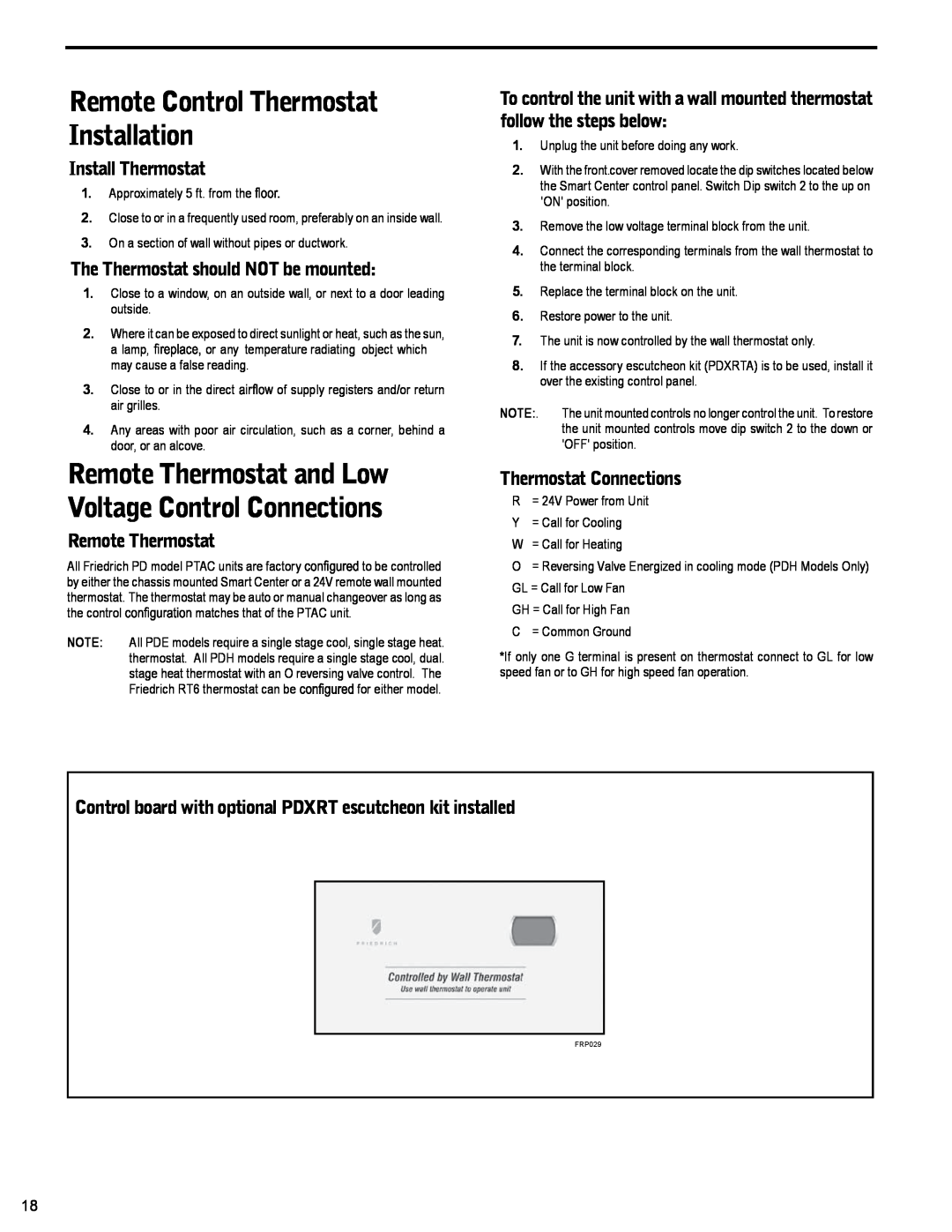 Friedrich PTAC - R410A Remote Control Thermostat Installation, Install Thermostat, The Thermostat should NOT be mounted 