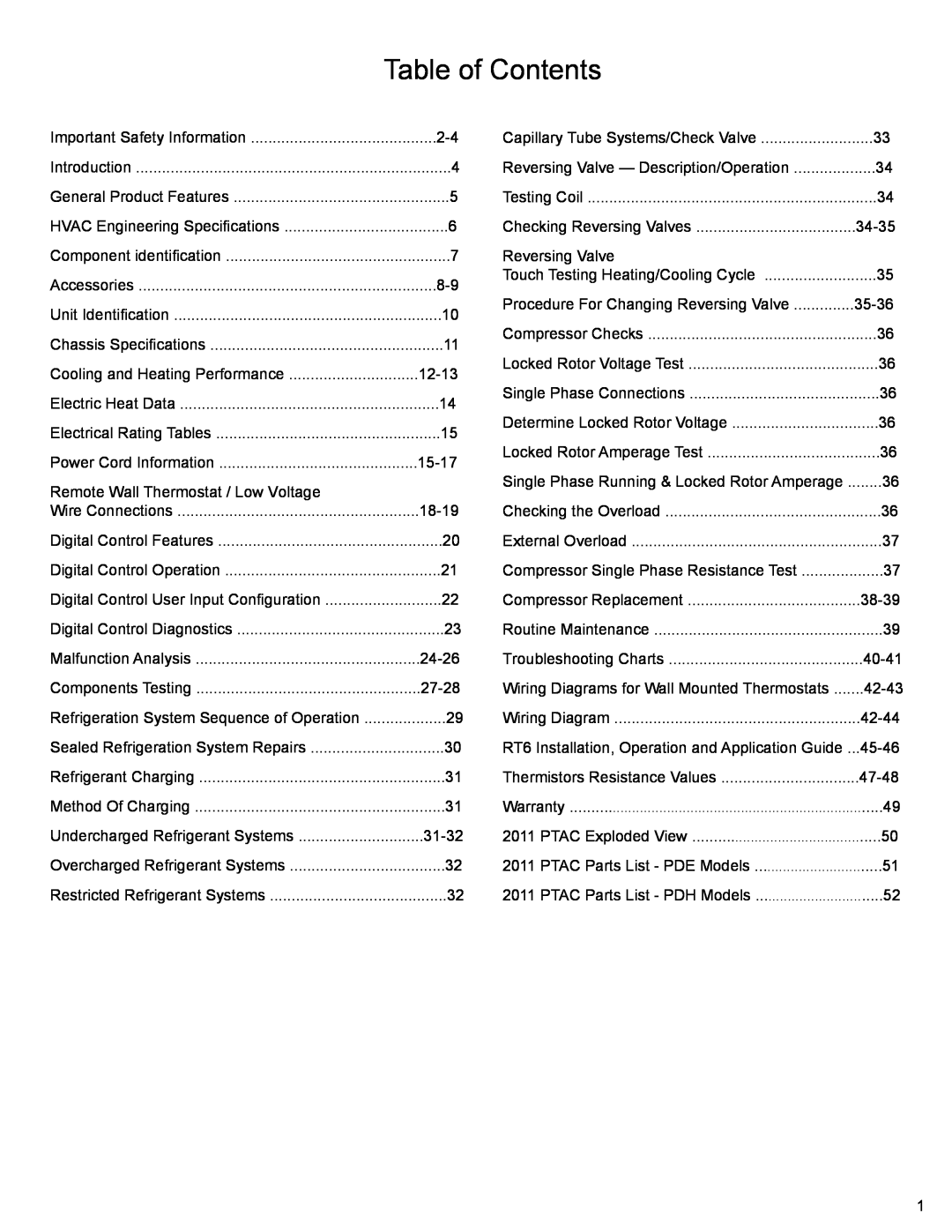 Friedrich PTAC - R410A service manual Table of Contents 