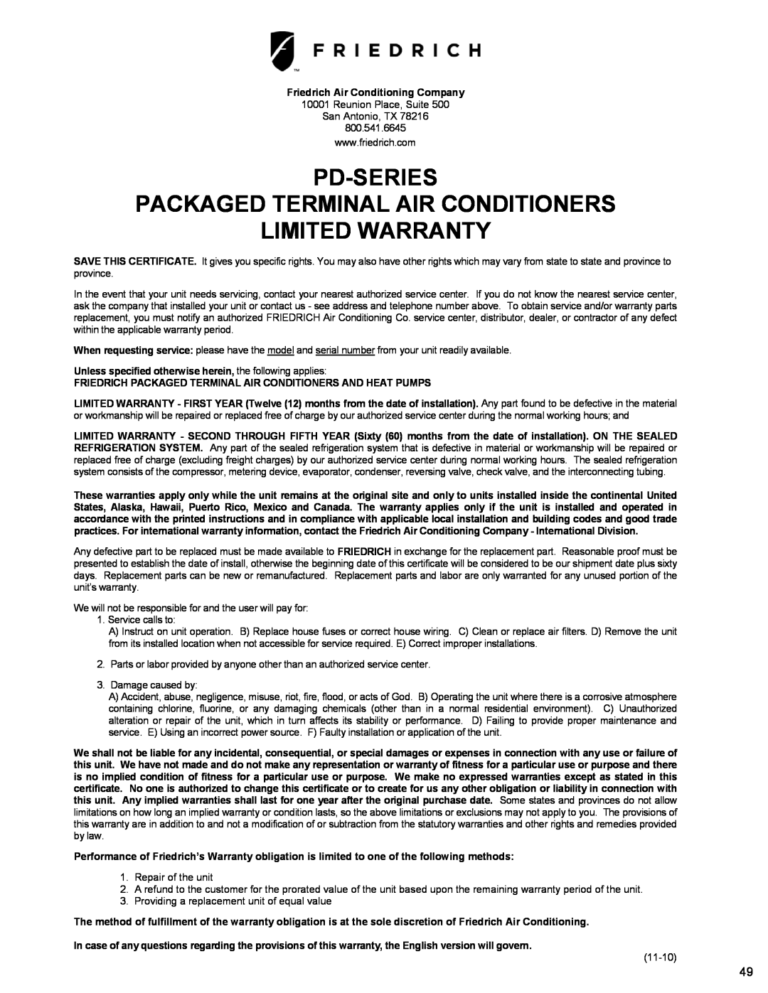 Friedrich PTAC - R410A Pd-Series Packaged Terminal Air Conditioners, Limited Warranty, Friedrich Air Conditioning Company 