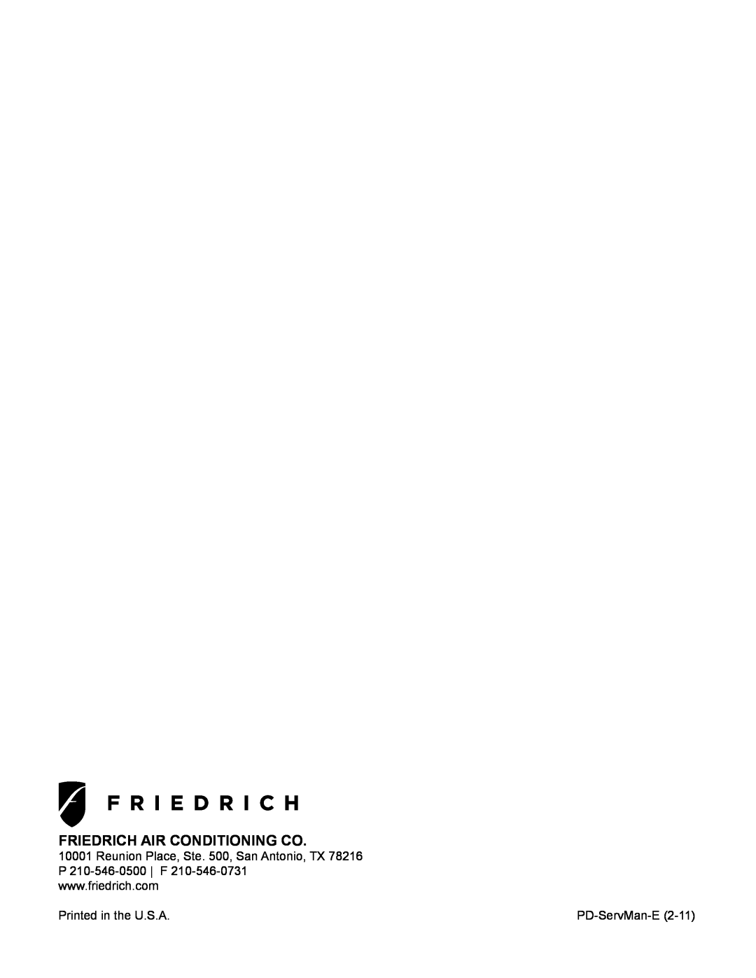 Friedrich PTAC - R410A service manual Friedrich Air Conditioning Co, Printed in the U.S.A, PD-ServMan-E 