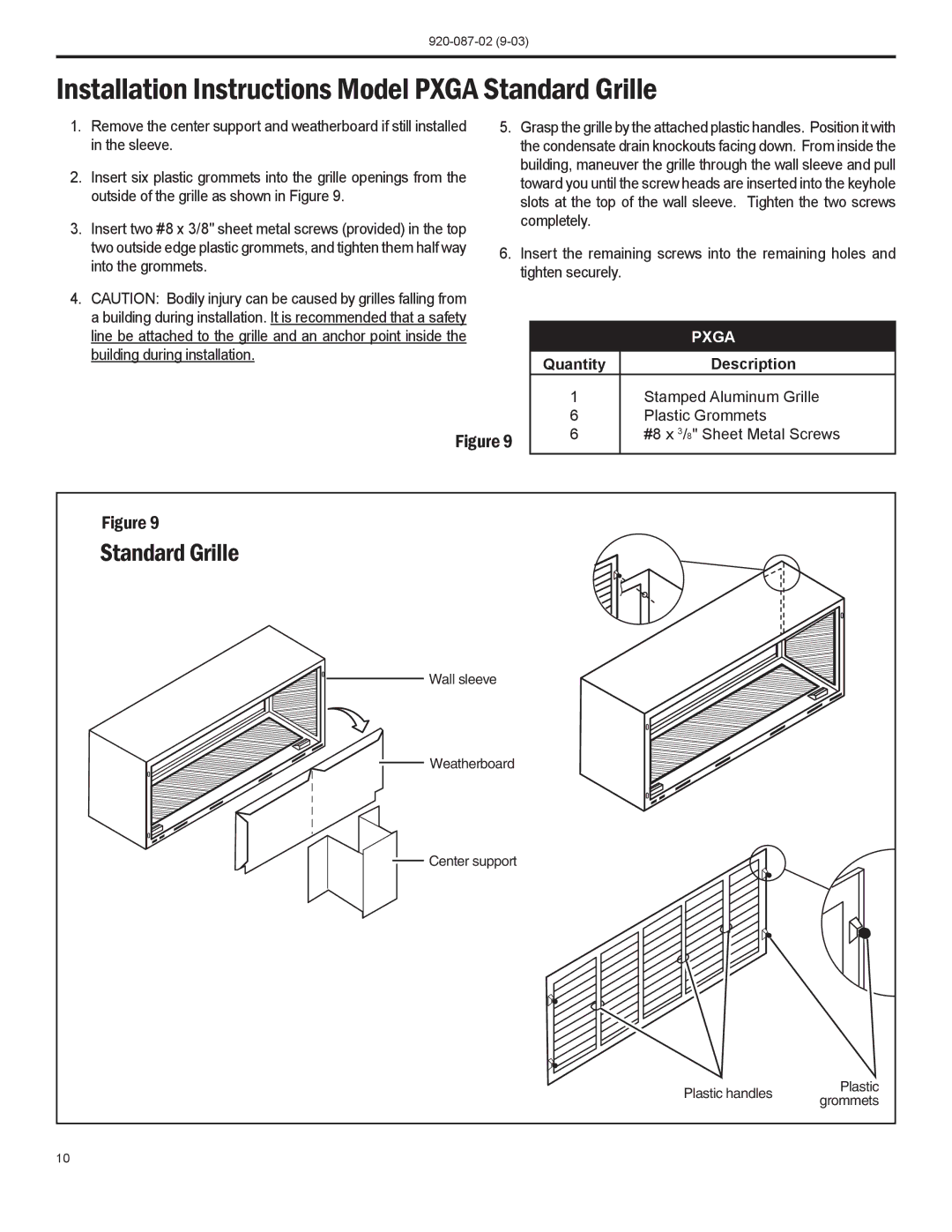 Friedrich PTAC operation manual Installation Instructions Model Pxga Standard Grille 