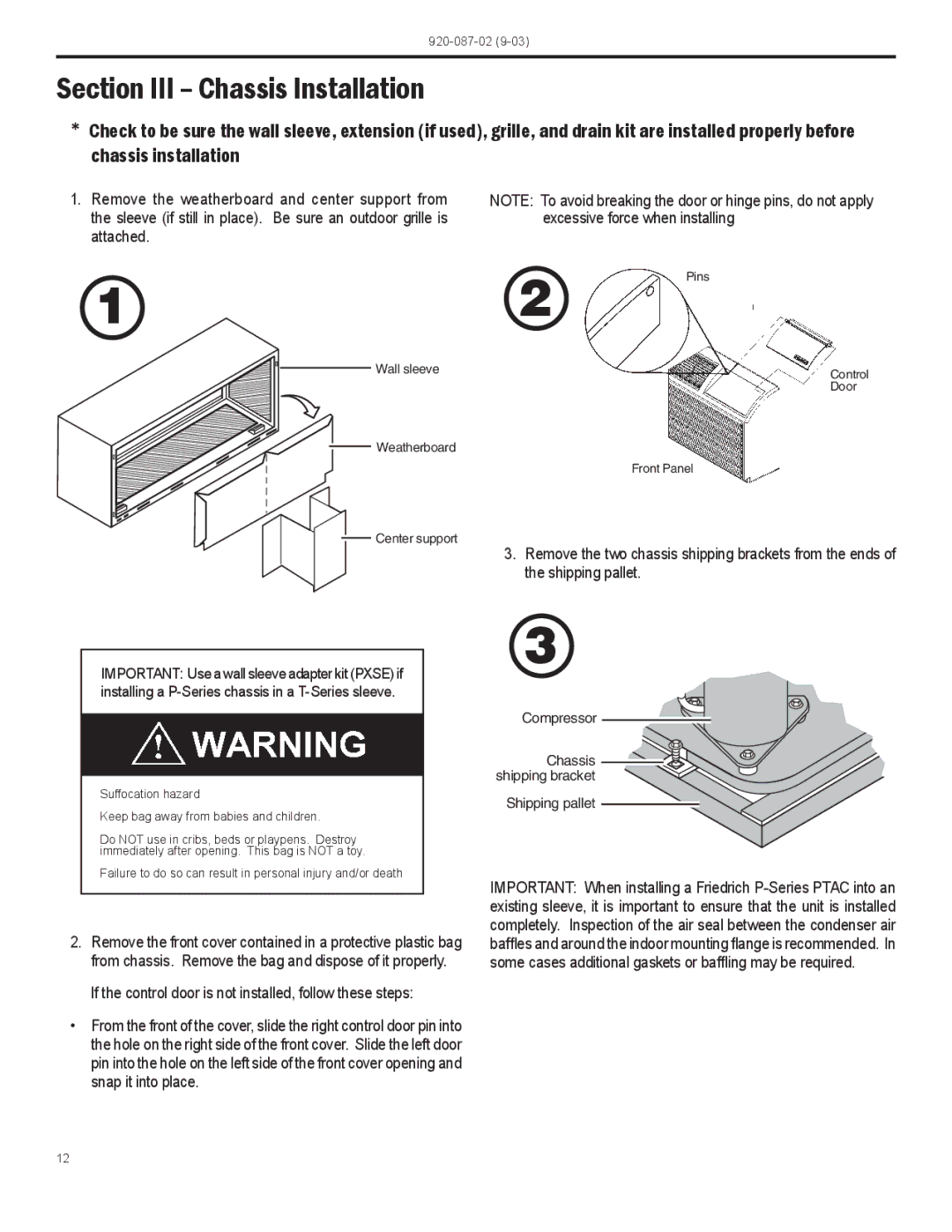 Friedrich PTAC operation manual Section III Chassis Installation, Suffocation hazard Keep bag away from babies and children 