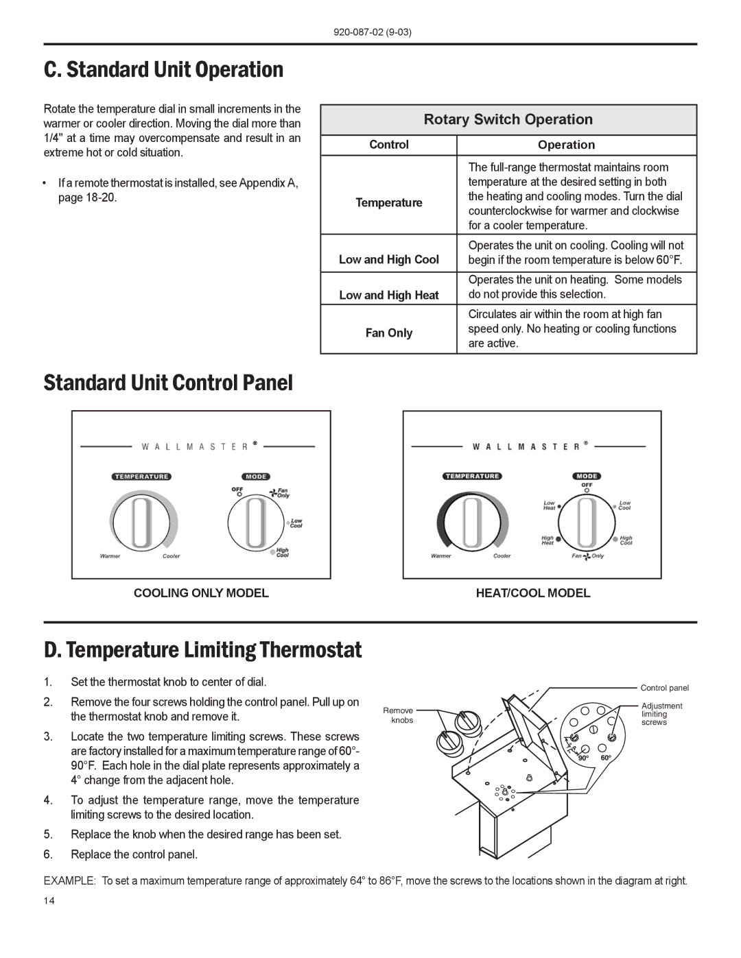 Friedrich PTAC operation manual Standard Unit Operation, Standard Unit Control Panel, Temperature Limiting Thermostat 