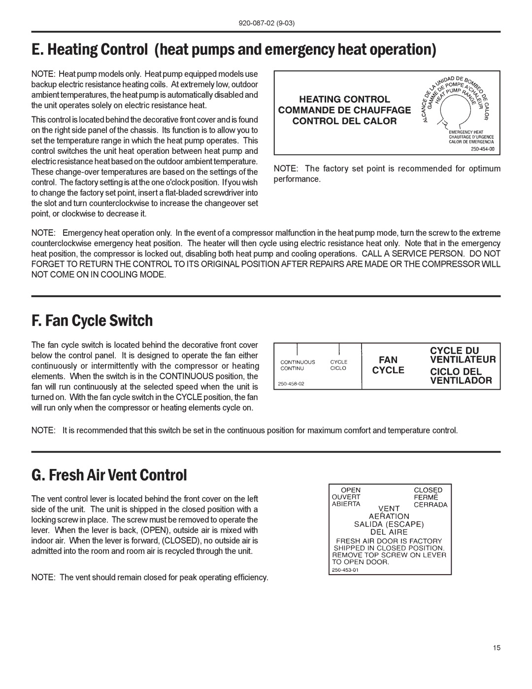 Friedrich PTAC Heating Control heat pumps and emergency heat operation, Fan Cycle Switch, Fresh Air Vent Control 