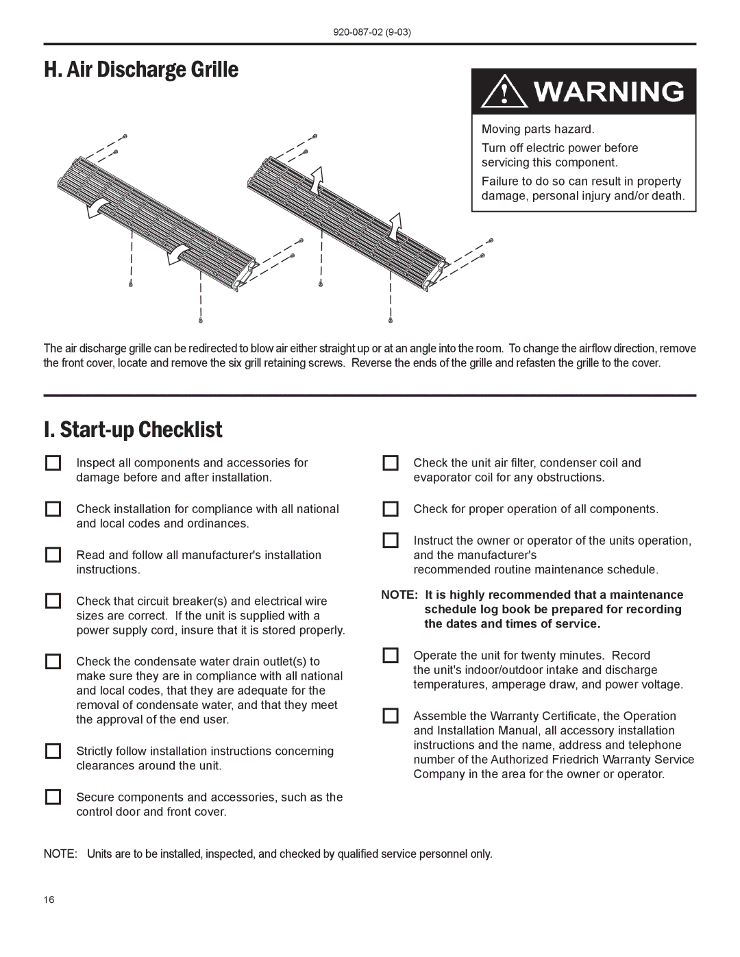 Friedrich PTAC operation manual Air Discharge Grille, Start-up Checklist 