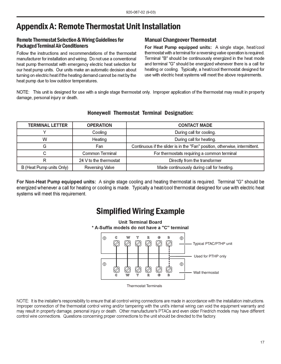 Friedrich PTAC Appendix a Remote Thermostat Unit Installation, Simplified Wiring Example, Manual Changeover Thermostat 