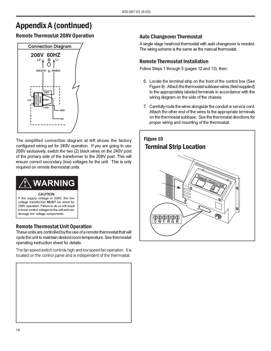 Friedrich PTAC Appendix a, Remote Thermostat 208V Operation, Auto Changeover Thermostat, Remote Thermostat Installation 