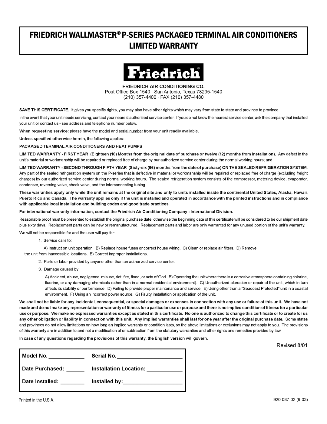 Friedrich PTAC operation manual Revised 8/01 