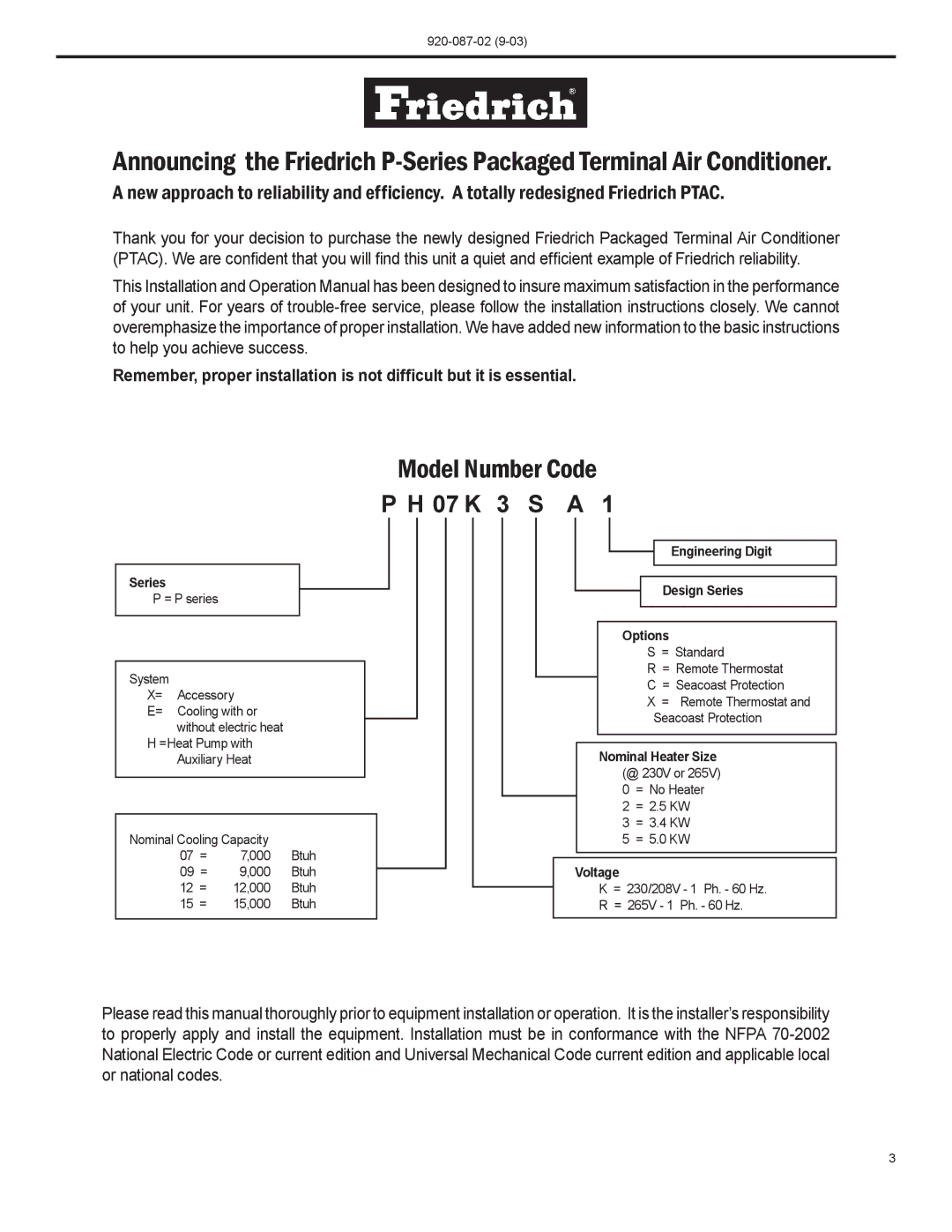 Friedrich PTAC operation manual Model Number Code 