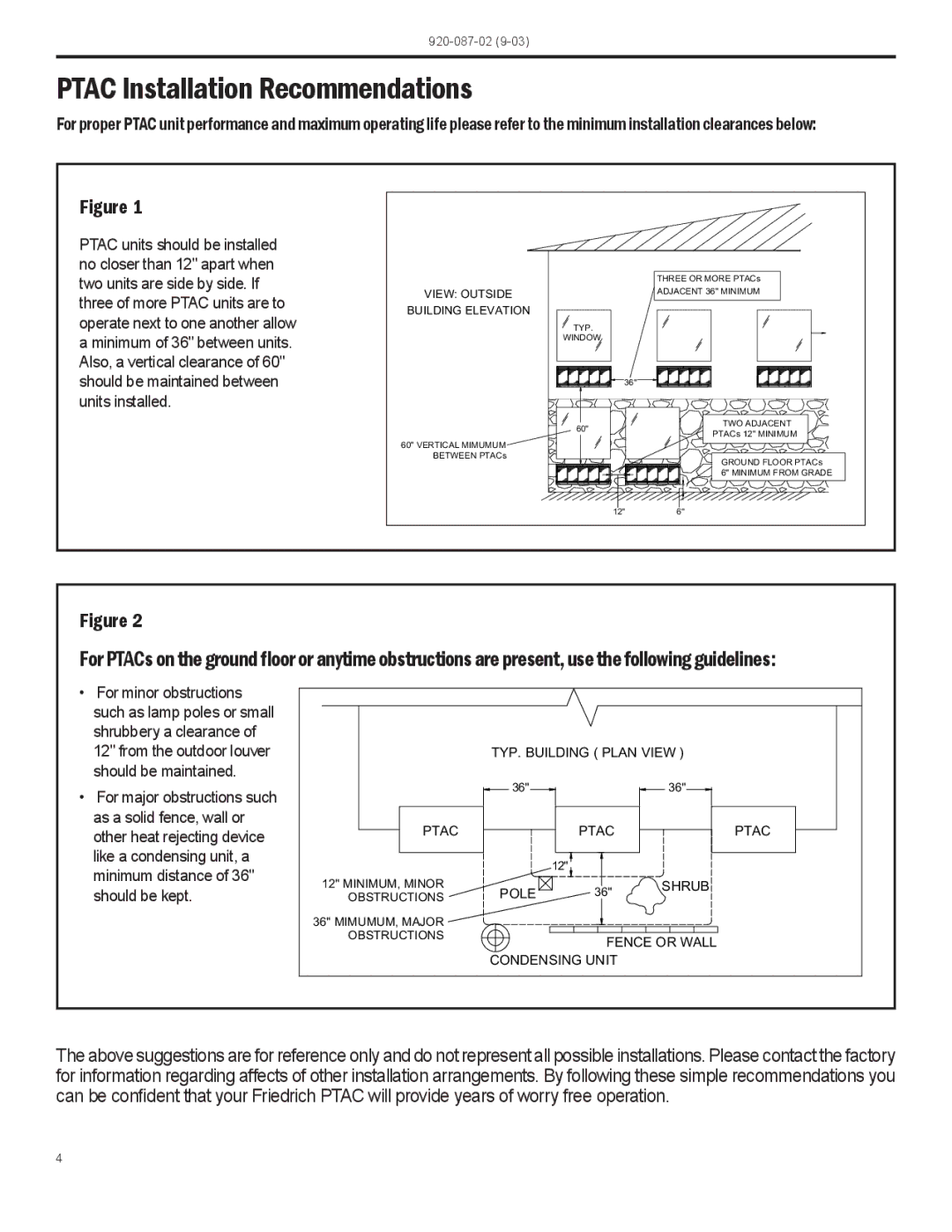 Friedrich PTAC operation manual Ptac Installation Recommendations, Building Elevation 