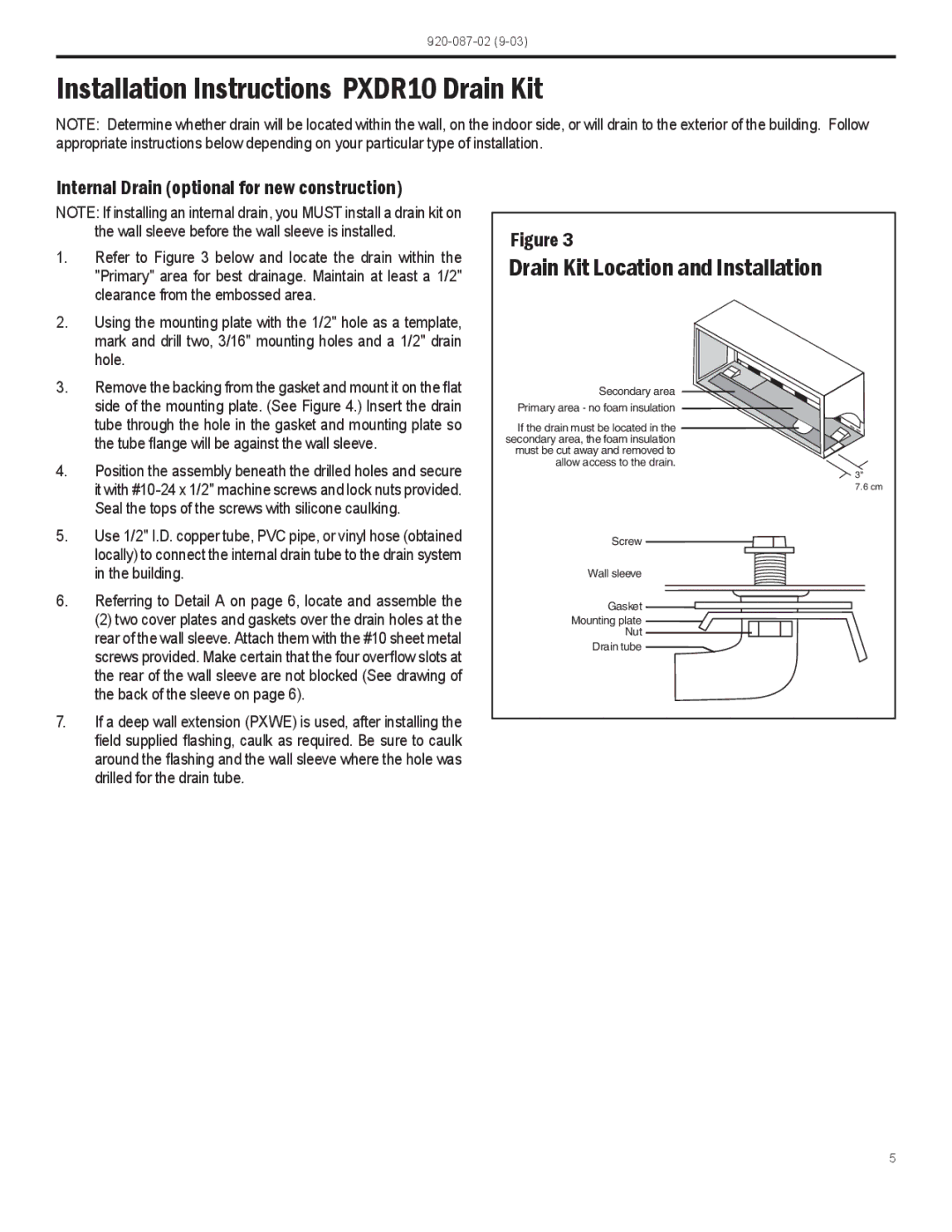 Friedrich PTAC operation manual Installation Instructions PXDR10 Drain Kit, Drain Kit Location and Installation 