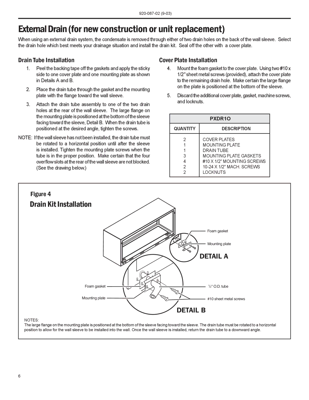 Friedrich PTAC operation manual External Drain for new construction or unit replacement, Drain Kit Installation, PXDR1O 