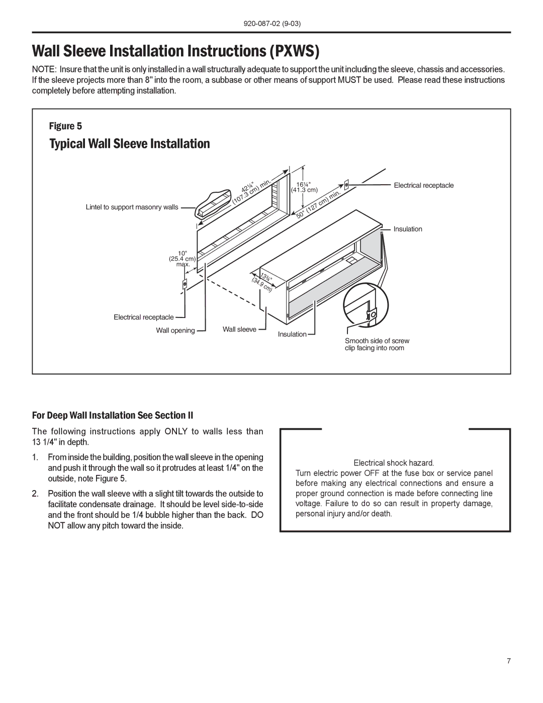 Friedrich PTAC operation manual Wall Sleeve Installation Instructions Pxws, Typical Wall Sleeve Installation 