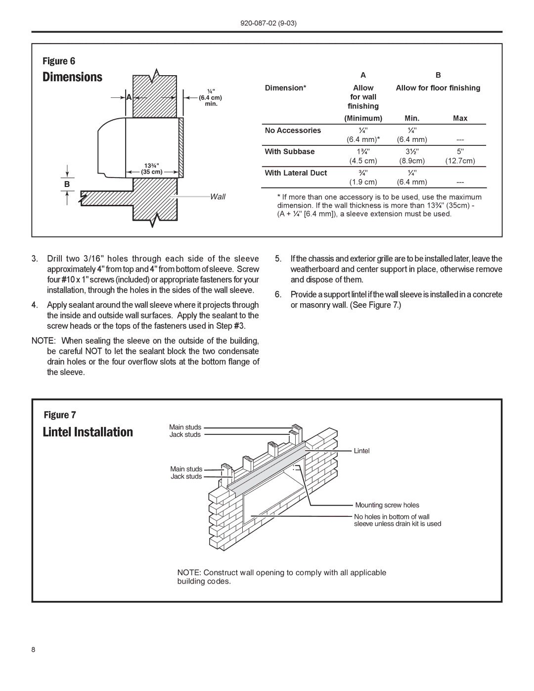 Friedrich PTAC operation manual Dimensions, Lintel Installation 