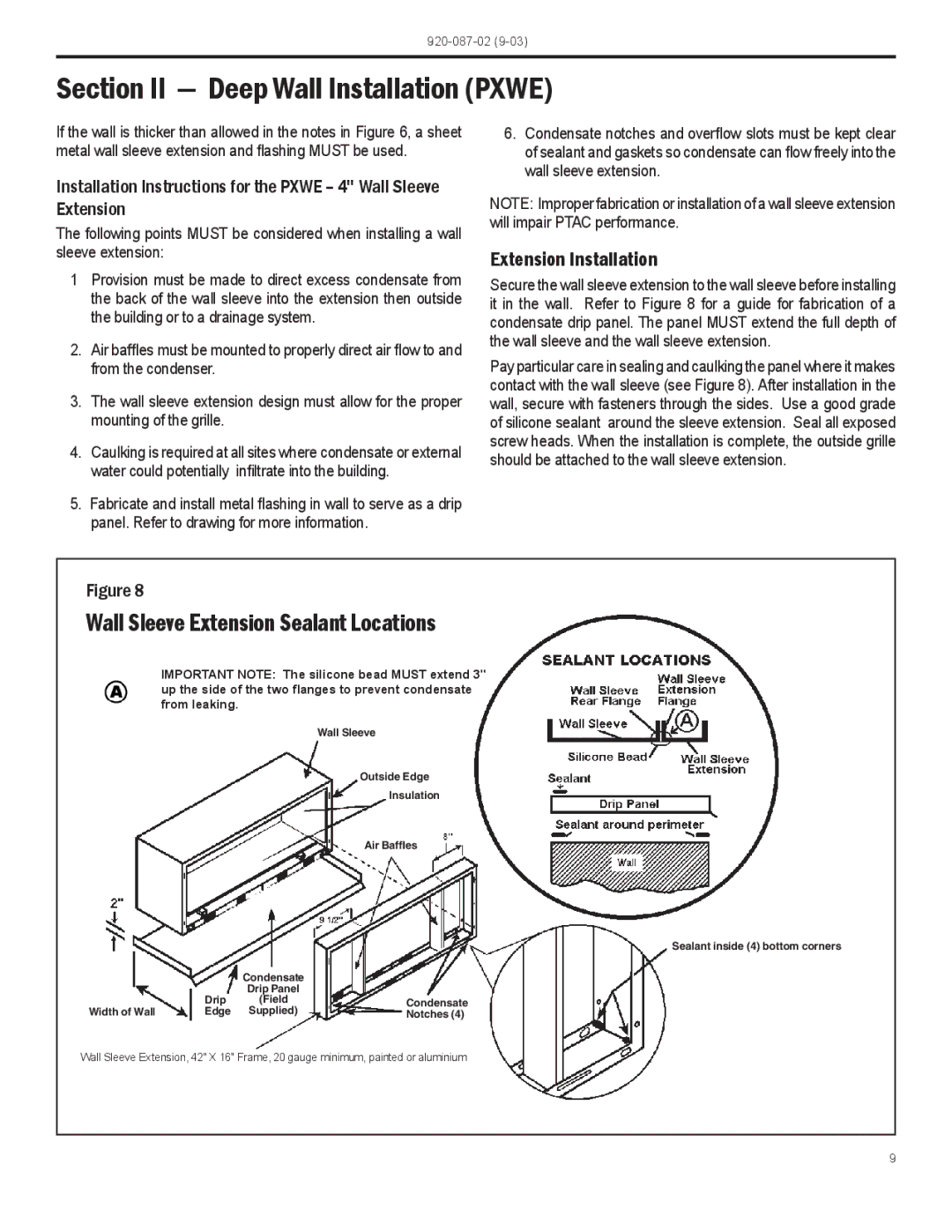 Friedrich PTAC Section II Deep Wall Installation Pxwe, Wall Sleeve Extension Sealant Locations, Extension Installation 