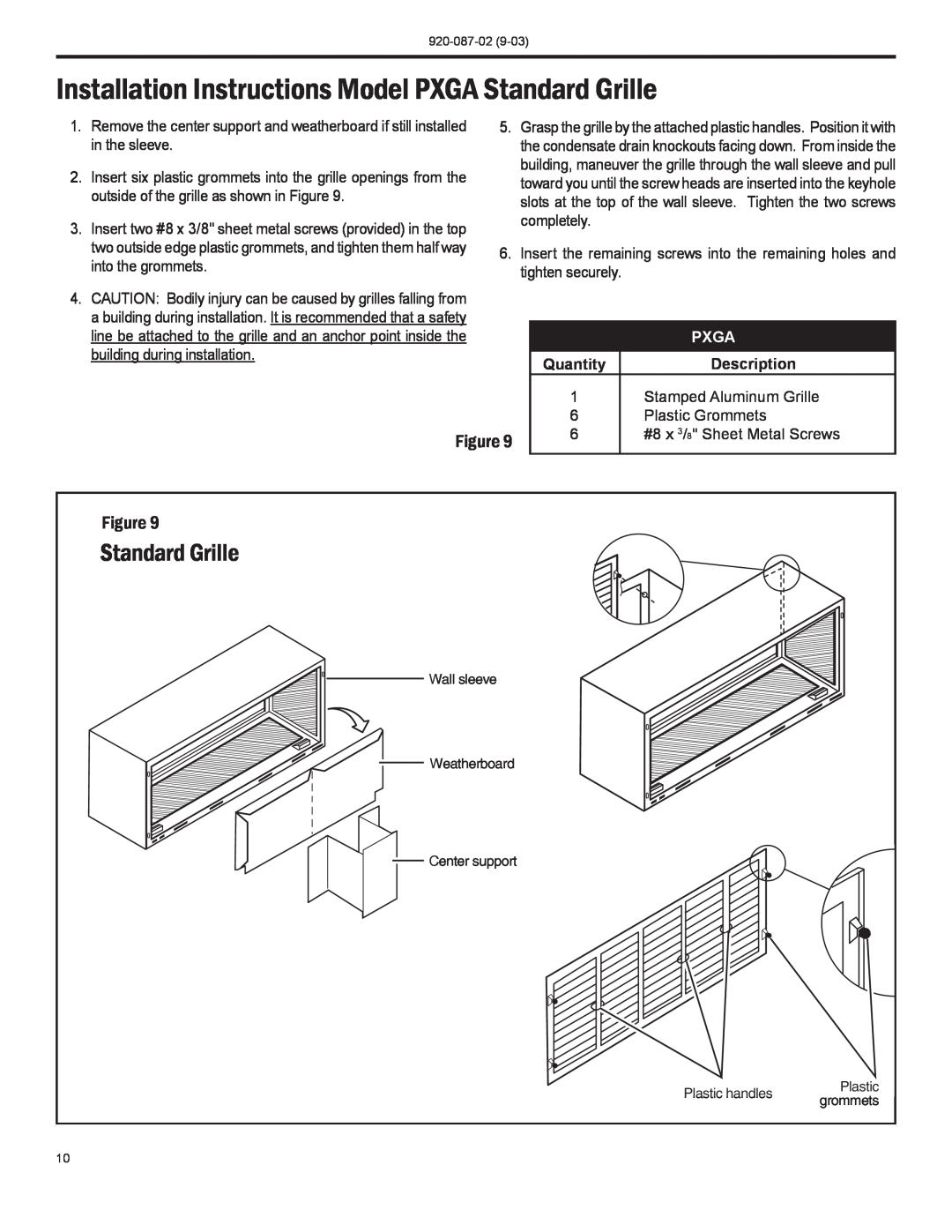 Friedrich PTAC operation manual Standard Grille, Quantity, Description, Pxga 
