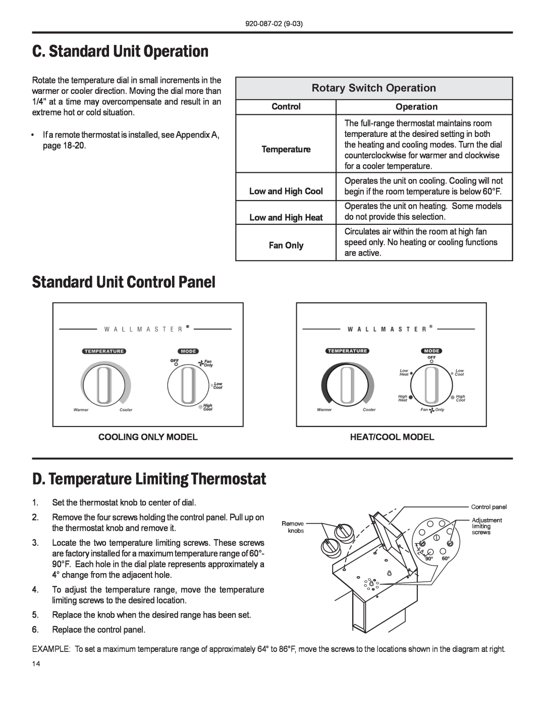 Friedrich PTAC operation manual C. Standard Unit Operation, Standard Unit Control Panel, D. Temperature Limiting Thermostat 