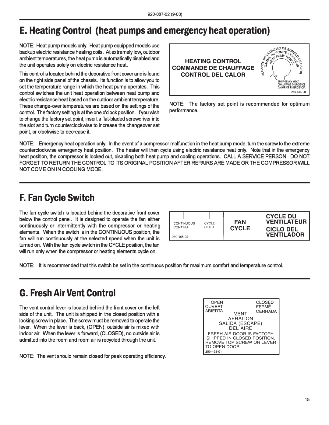 Friedrich PTAC operation manual F. Fan Cycle Switch, G. Fresh Air Vent Control 