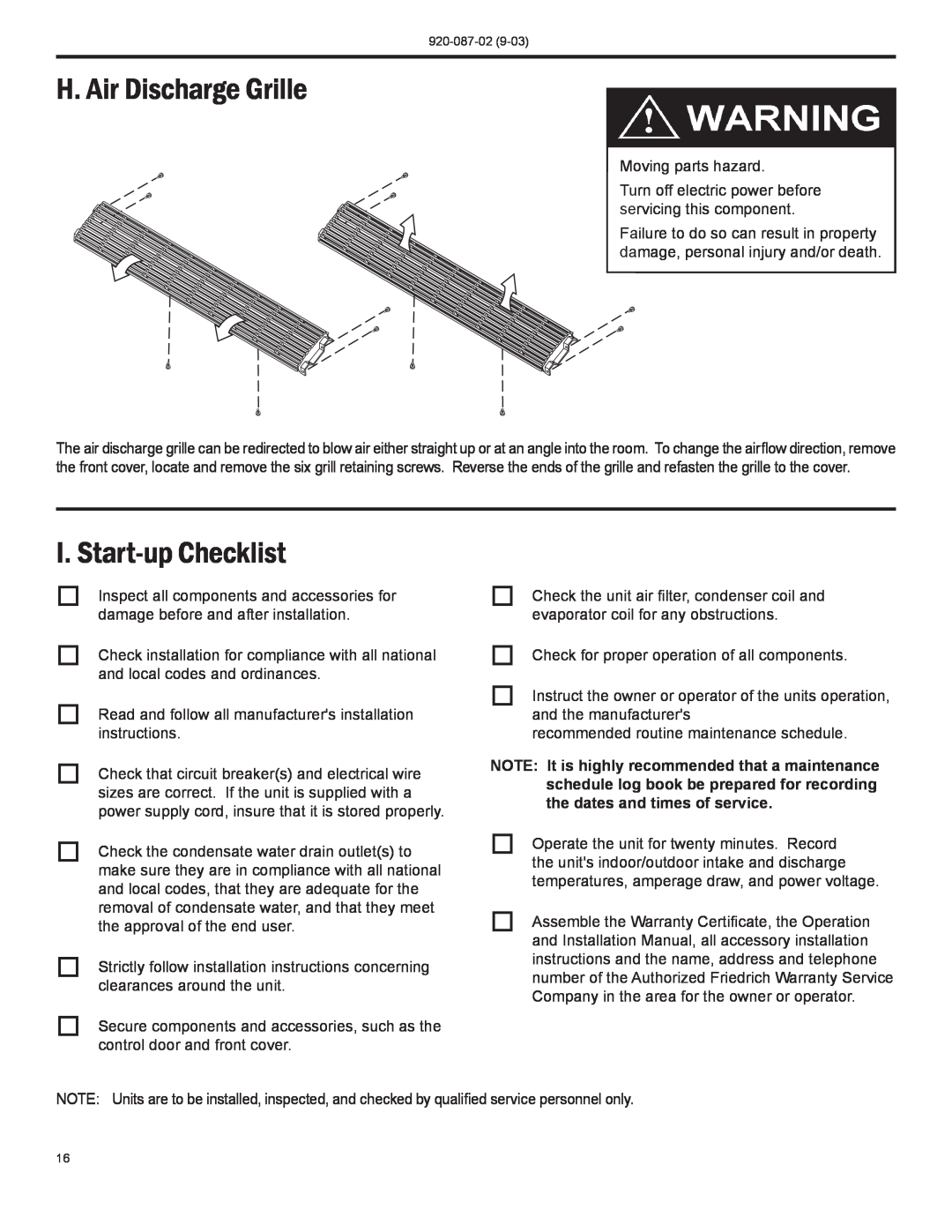 Friedrich PTAC operation manual H. Air Discharge Grille, I. Start-upChecklist 
