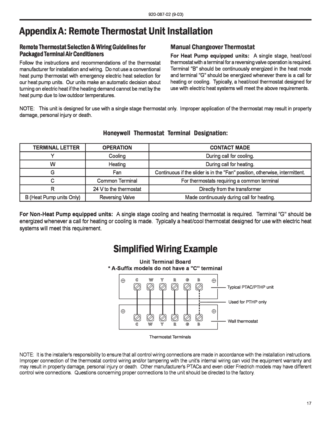 Friedrich PTAC Appendix A Remote Thermostat Unit Installation, Simplified Wiring Example, Manual Changeover Thermostat 