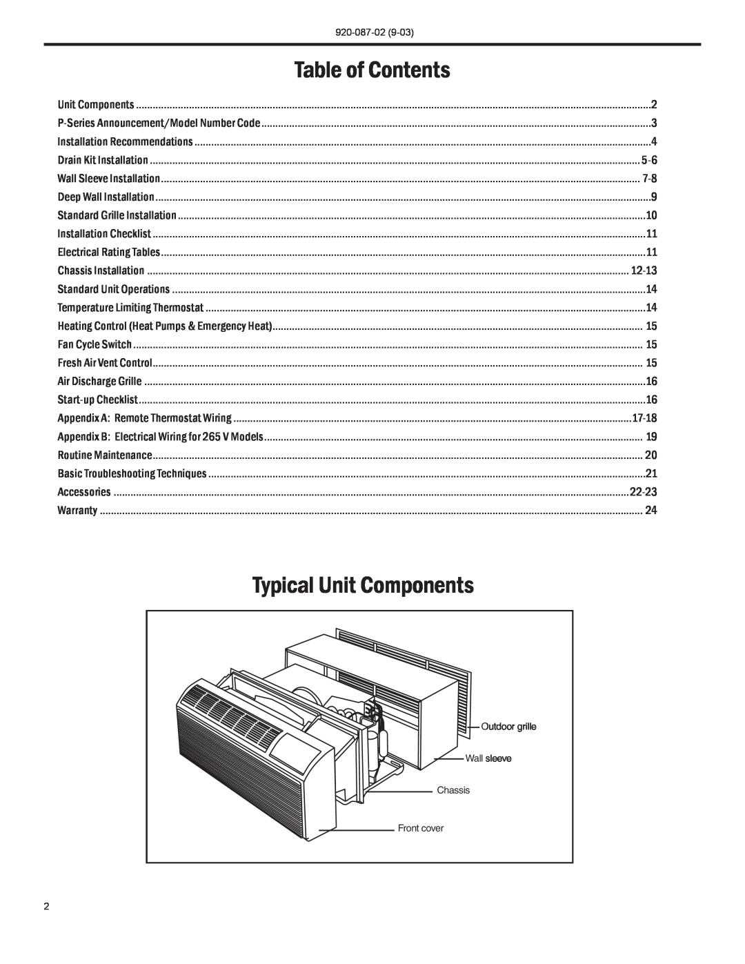 Friedrich PTAC operation manual Typical Unit Components, Table of Contents 