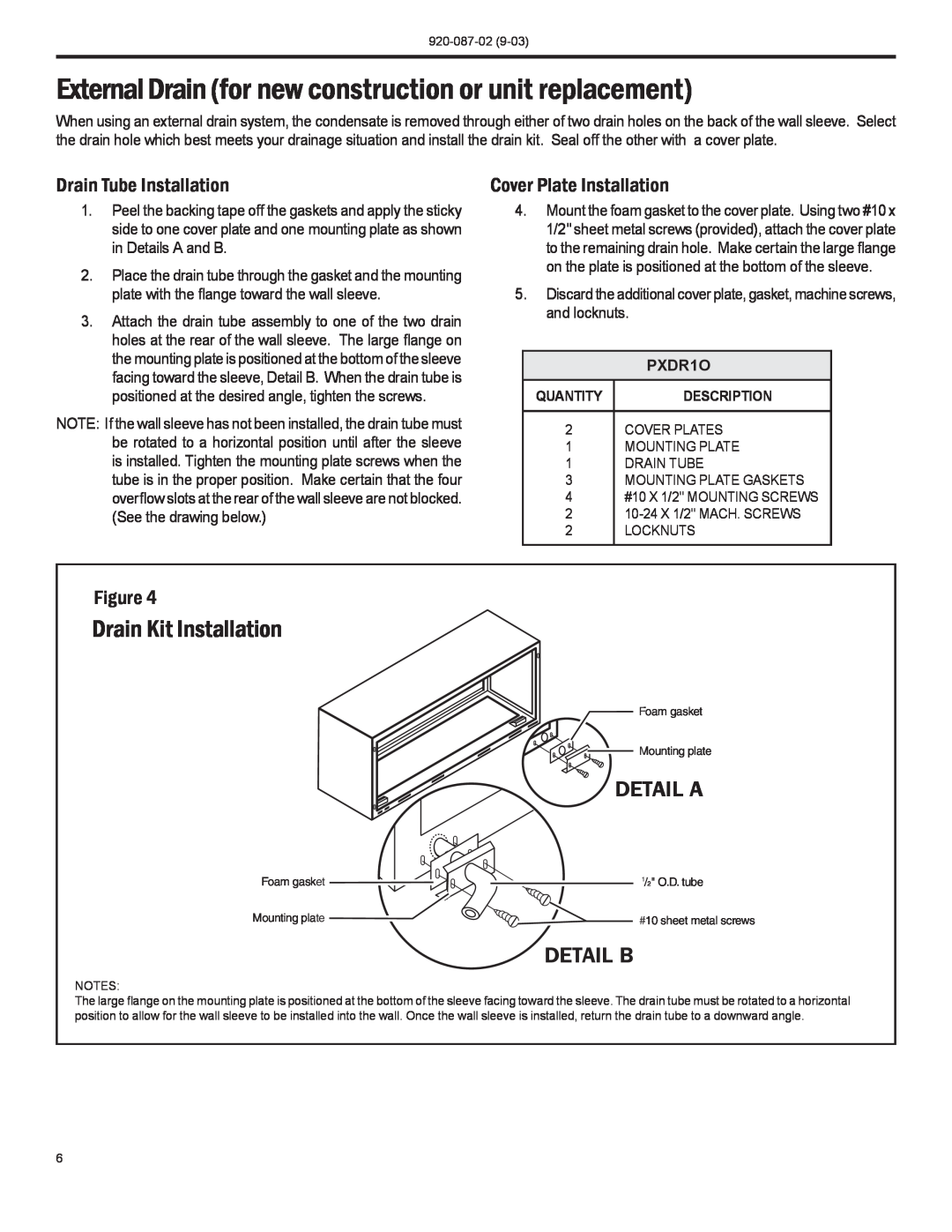 Friedrich PTAC Drain Kit Installation, Drain Tube Installation, Cover Plate Installation, PXDR1O, Detail A, Detail B 