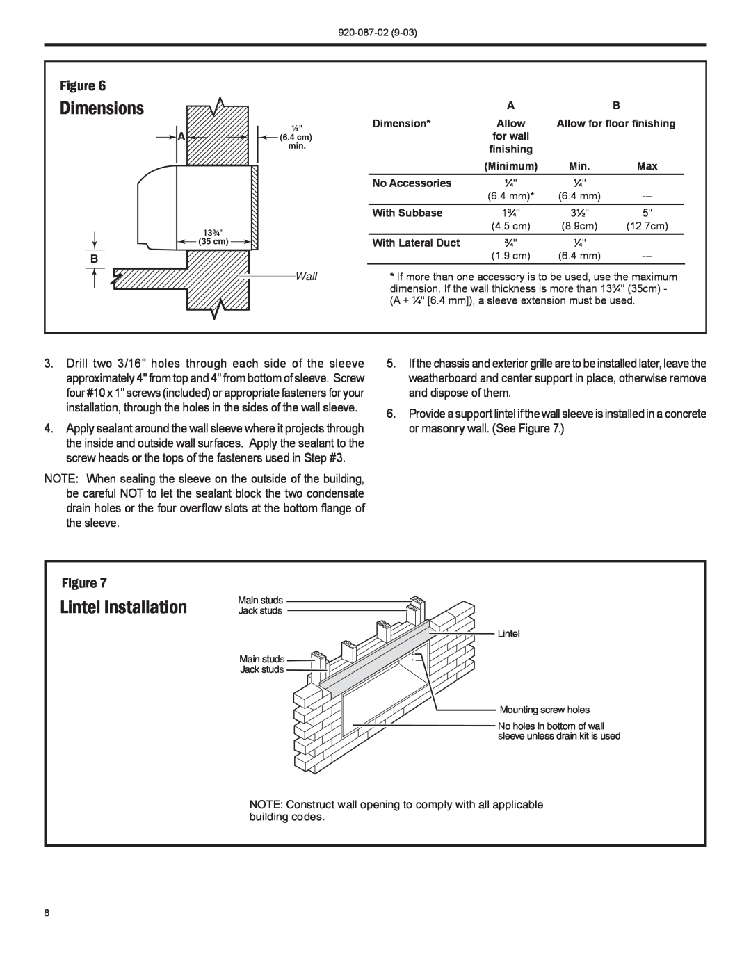 Friedrich PTAC operation manual Dimensions, Lintel Installation 