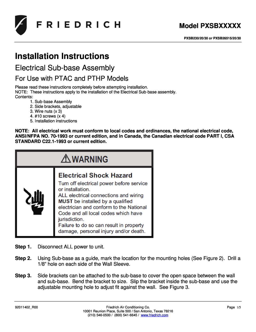 Friedrich PXSB26515/20/30, PXSB230/20/30 installation instructions Model PXSBXXXXX, Installation Instructions 