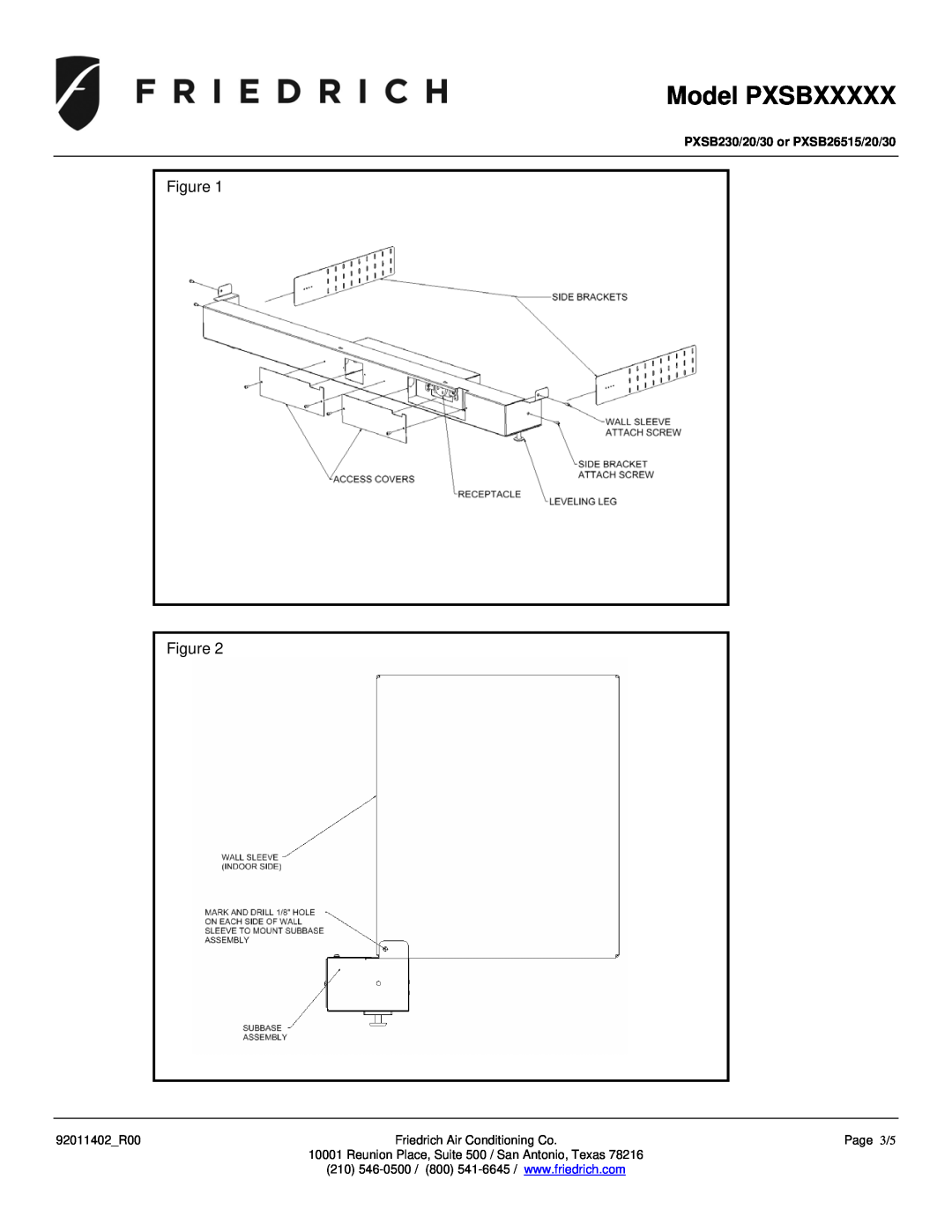 Friedrich installation instructions Model PXSBXXXXX, Figure Figure, PXSB230/20/30 or PXSB26515/20/30 