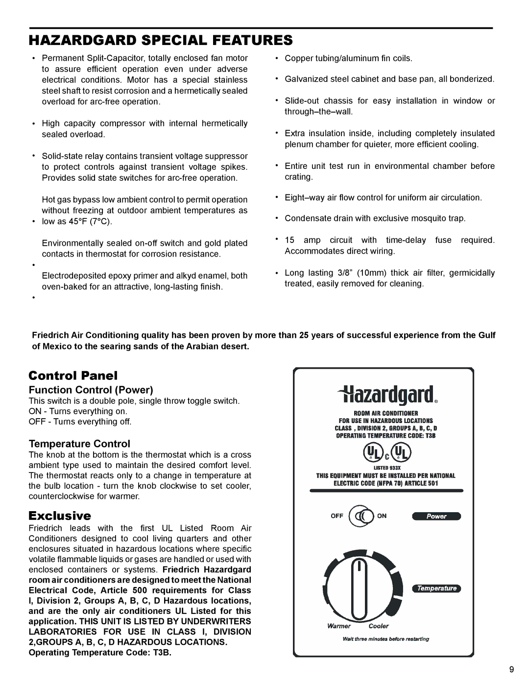 Friedrich R-410A service manual Hazardgard Special Features, Control Panel 