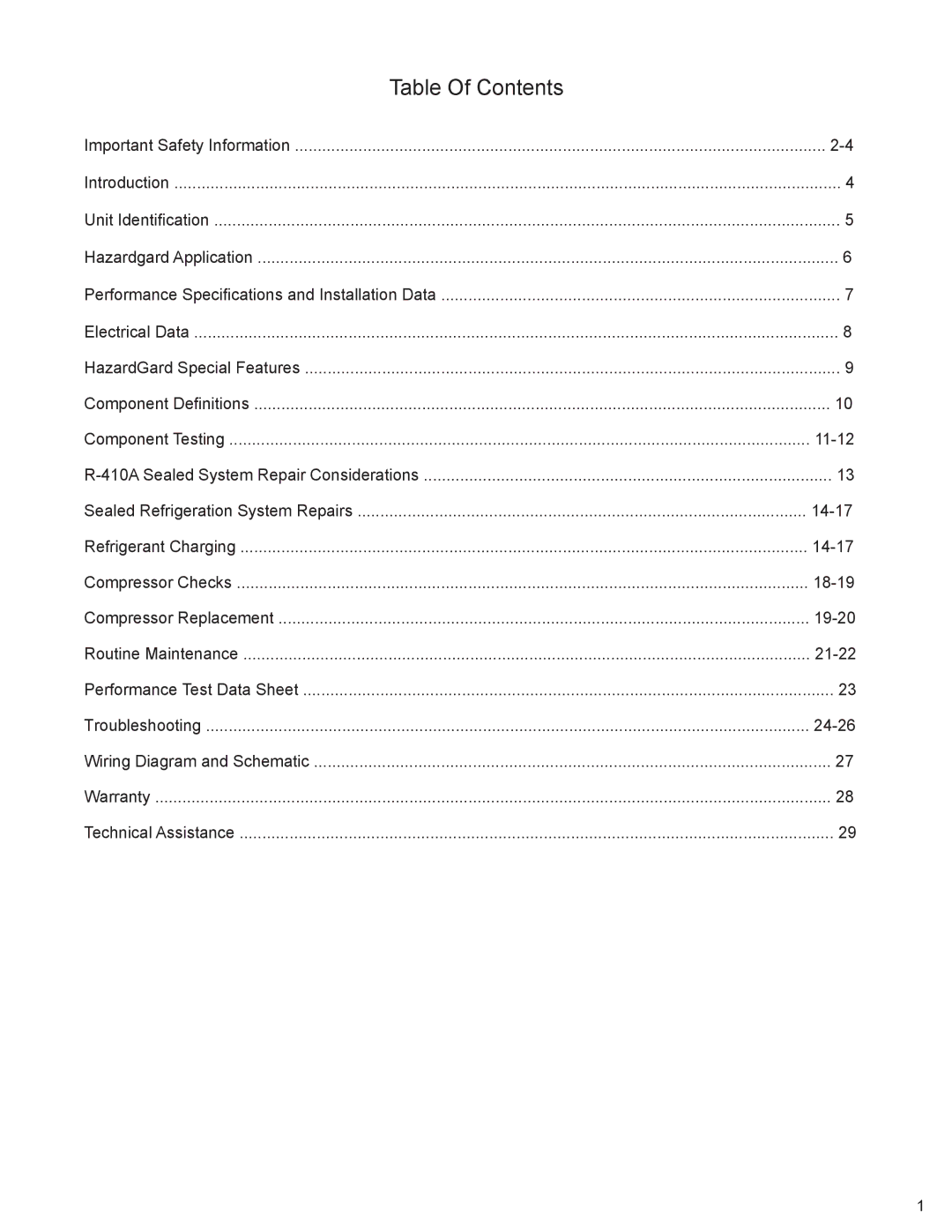 Friedrich R-410A service manual Table Of Contents 