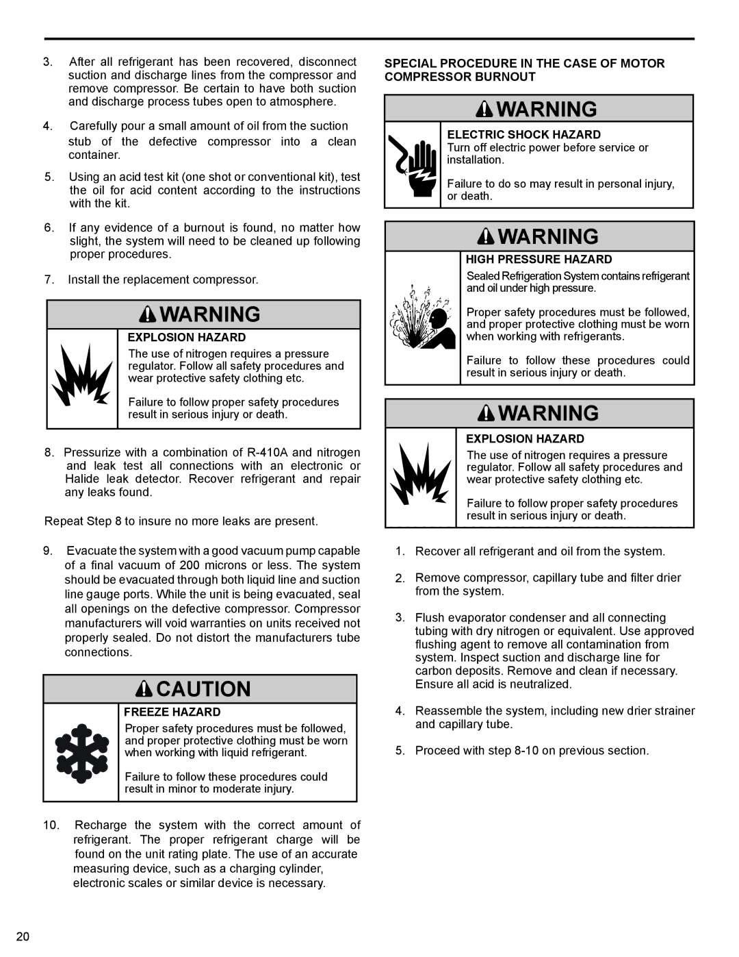 Friedrich R-410A service manual Explosion Hazard, Freeze Hazard 