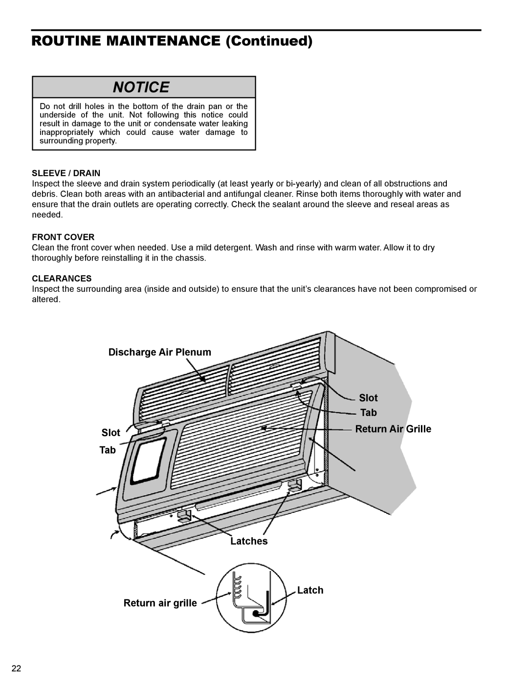 Friedrich R-410A service manual Sleeve / Drain, Front Cover, Clearances 