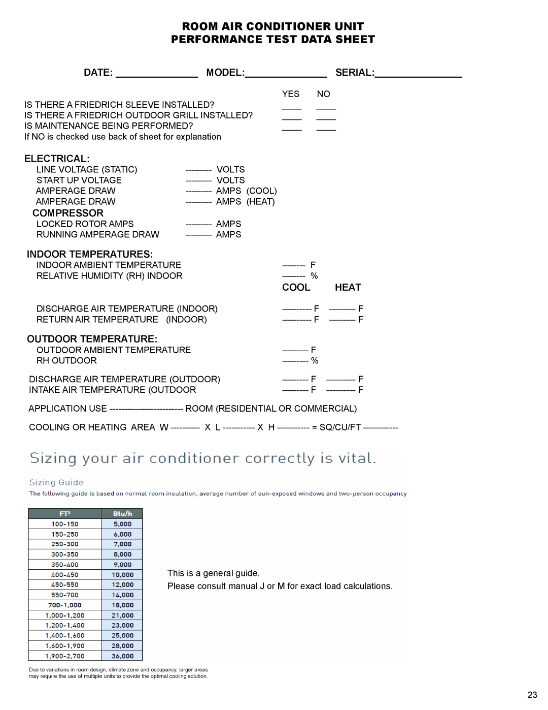 Friedrich R-410A service manual Electrical, Compressor, Indoor Temperatures, Heat, Outdoor Temperature 