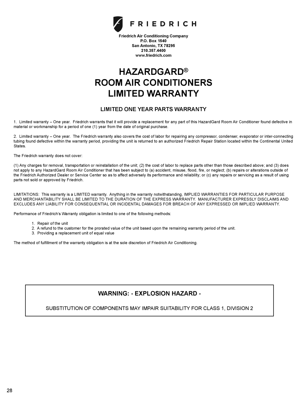 Friedrich R-410A service manual Hazardgard Room AIR Conditioners Limited Warranty, Limited ONE Year Parts Warranty 