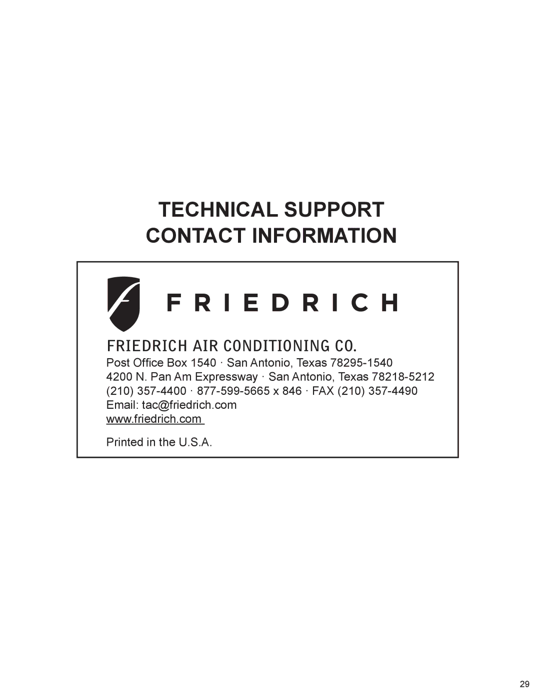 Friedrich R-410A service manual Technical Support Contact Information 