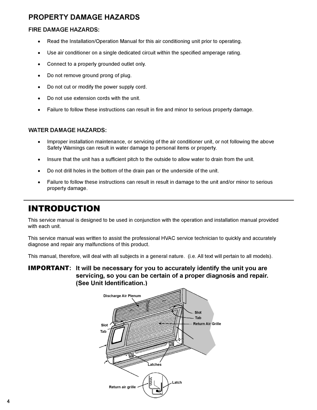 Friedrich R-410A service manual Introduction, Fire Damage Hazards, Water Damage Hazards 