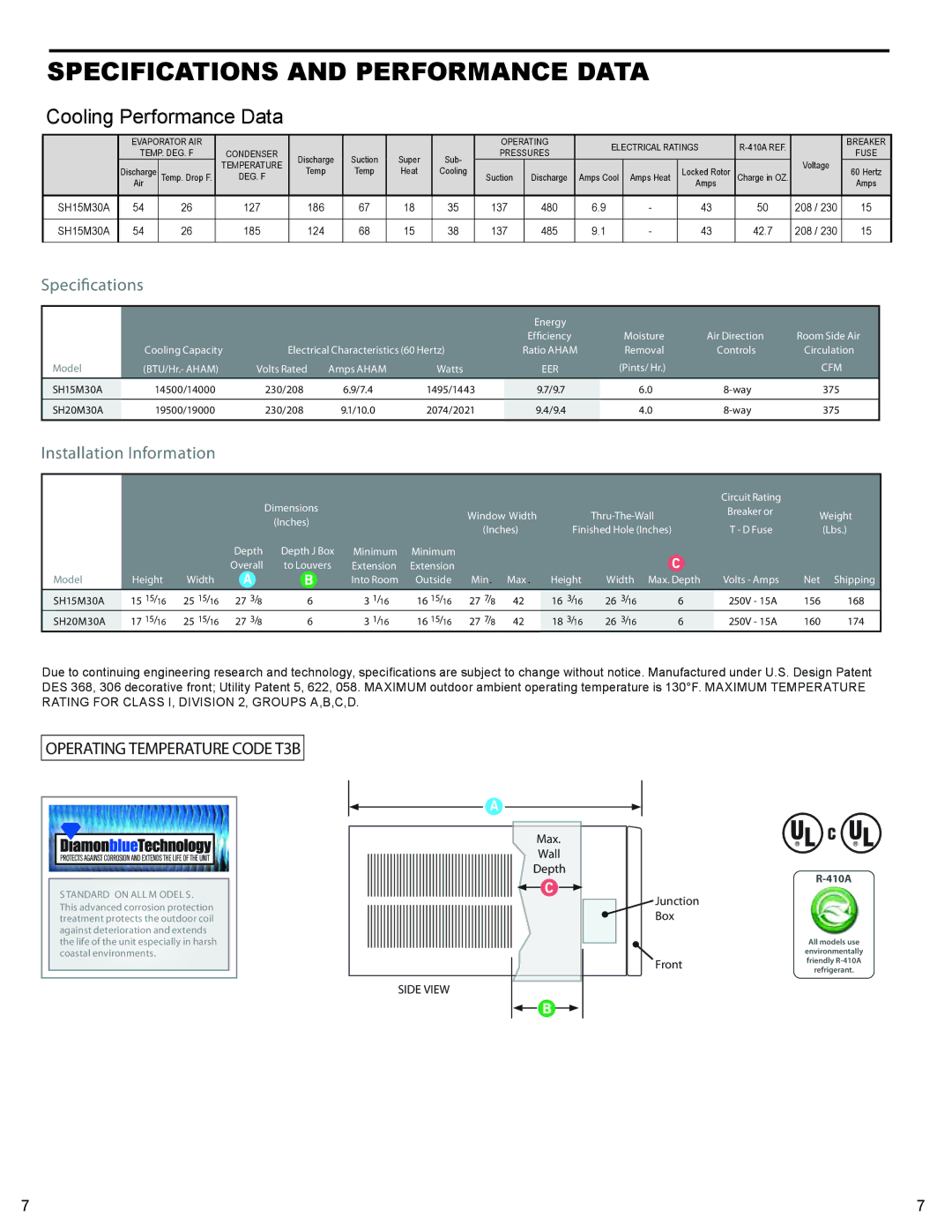 Friedrich R-410A service manual Specifications and Performance Data 