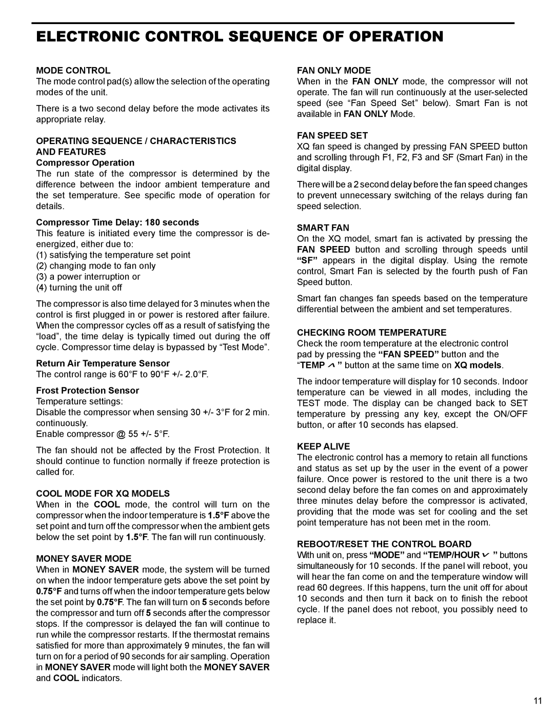 Friedrich R-410A Electronic Control Sequence of Operation, Operating Sequence / Characteristics and Features, Smart FAN 