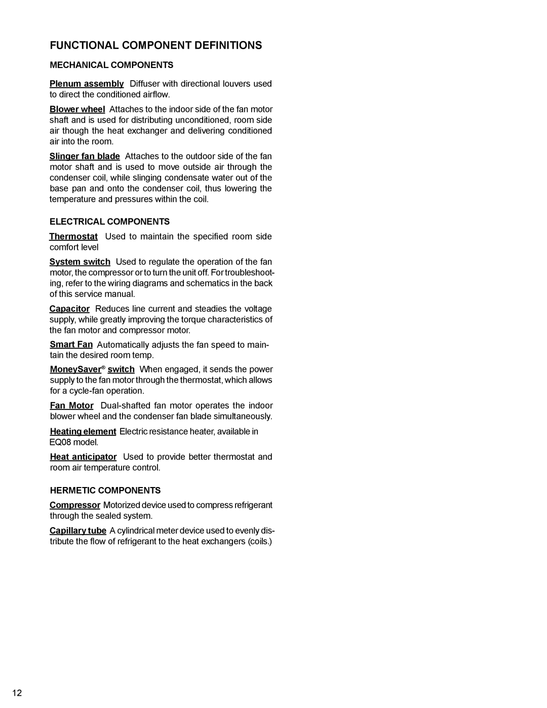 Friedrich R-410A Functional Component Definitions, Mechanical Components, Electrical Components, Hermetic Components 